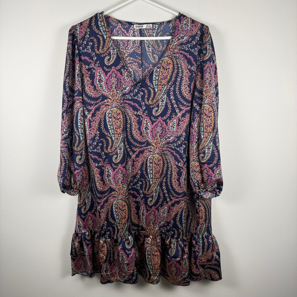 Devoted Womens XL Paisley V-Neck Ruffle Hem Long Sleeve Mini Dress Navy Pink